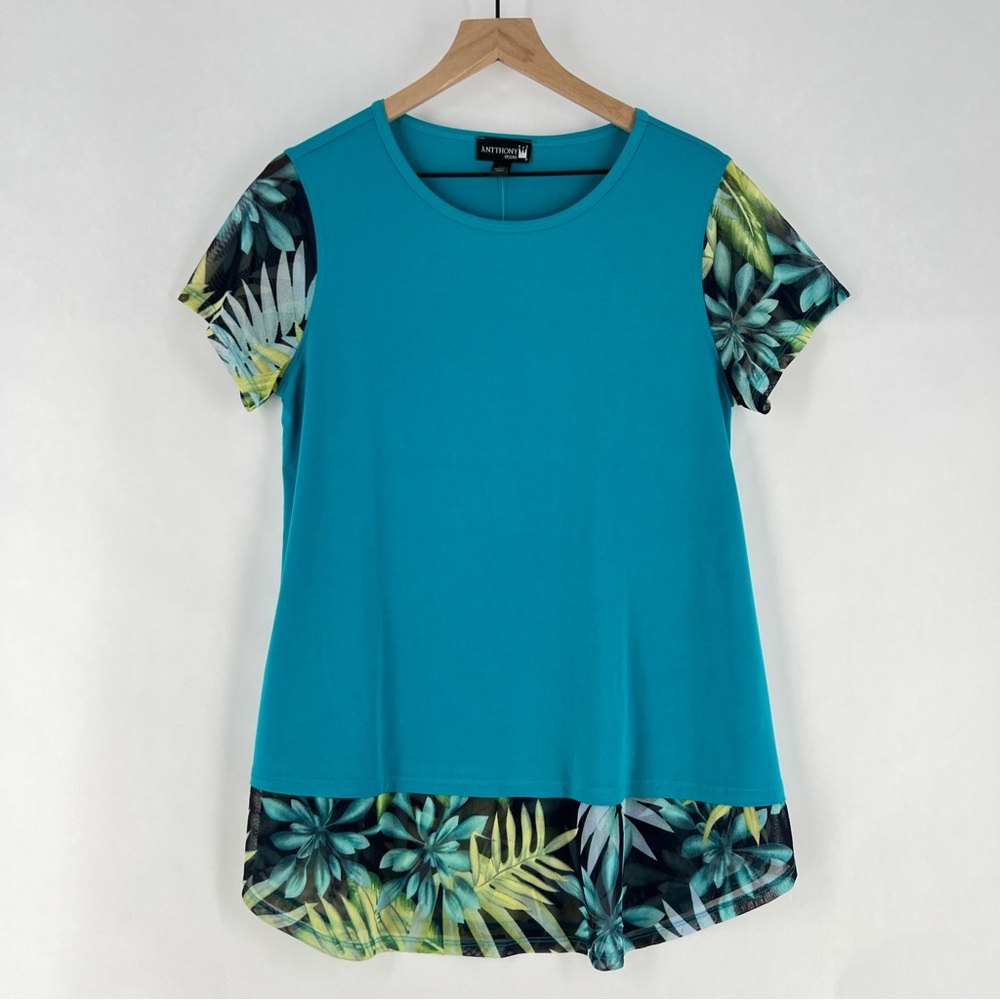 Antthony‎ Teal Stretchy Liquid Knit Floral Leaf Print Mesh Sleeves Hem Tunic